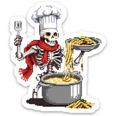 Papyrus from Undertale cooking spaghetti, tall skeleton with red scarf and white armor, enthusiastically stirring pasta in a pot, chef hat sticker