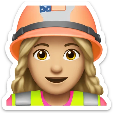 Jennifer Aniston is a construction worker wearing a neon pink safety vest with a hard hat and ear muffs. She has a patriotic patch on her vest  sticker