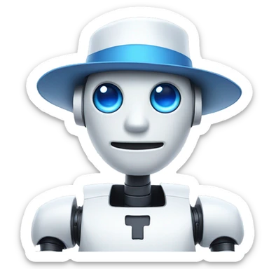 white robot with blue eyes and a hat on sticker