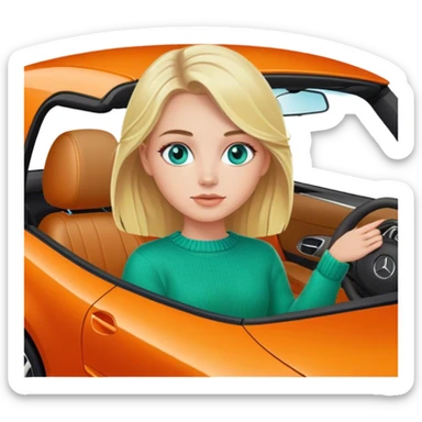 A cinematic realistic blonde with blue eyes, dressed in a green sweater, is driving an orange Mercedes car. sticker