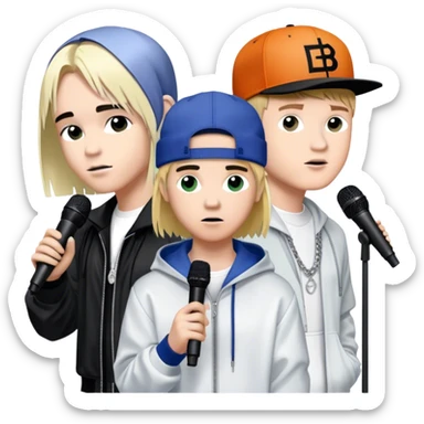 Pop music collage: Justin Bieber, Eminem, Ed Sheeran, and Billie Eilish in signature looks. Stage lights, microphones, and musical notes around them. Transparent background. sticker