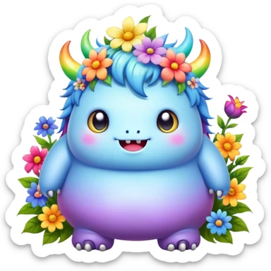 Kawaii derpy fat rainbow monster surrounded by magical flowers, rich textures, visually rich, so lifelike that it feels like it could leap off the page at any moment sticker