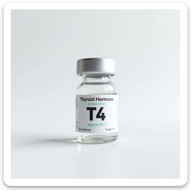 Close-up hyperrealistic 4K image of laboratory vial labeled 'Thyroid Hormone T4' on white background with neutral lighting and detailed texture sticker