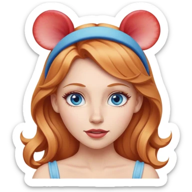 Strawberry blonde woman with blue eyes wearing Disney ears on head sticker