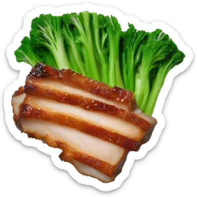 Crispy pork belly on oyster sauce with green vegetable sticker