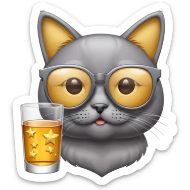 Fait un chat gris avec des lunettes de stars et avec un verre d alcool sticker