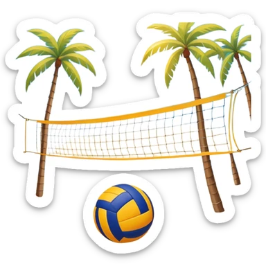 A volleyball resting on the orange sand ground of a beach, with a volleyball net in the background. The scene captures a sunny beach atmosphere with clear blue sea and sky, palm trees swaying, and people in swimsuits enjoying the vibrant surroundings sticker