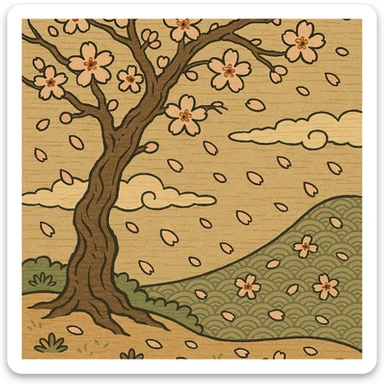 cherry blossom tree with petals falling, ukiyo-e style illustration sticker