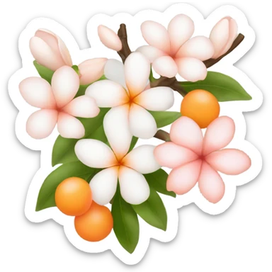 symbols featuring peach blossoms, jasmine flowers, and orange blossoms. Incorporate soft pinks, whites, and warm orange tones to convey a romantic and dreamy feel. sticker