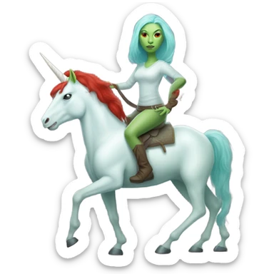 [
	{ woman: alien, color: light green, hair:red, eyes:cat} ]
	on a 
	[{ unicorn: white, legged:six, mane: light blue }] sticker