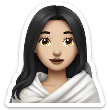 Pale Girl with black hair  laying down cozy in a white blanket sticker