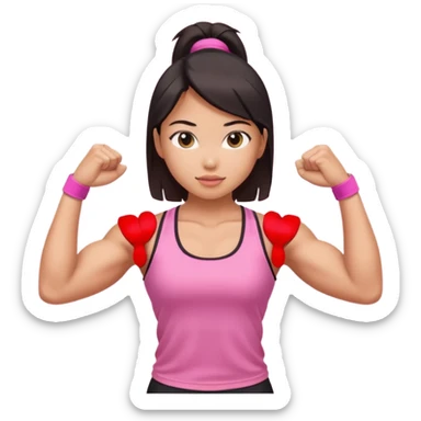 Athletic Asian girl show biceps wearing pink sticker