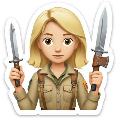 Blonde female wilderness explorer Melissa Backwoods holding a survival knife sticker