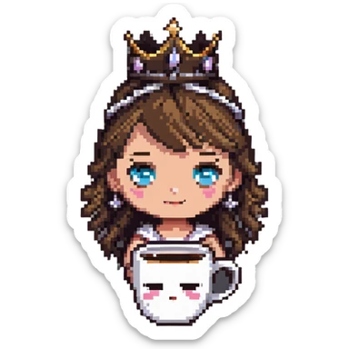 coffee mug with expressive eyes, tiara, and ballet costume in pixel art style sticker