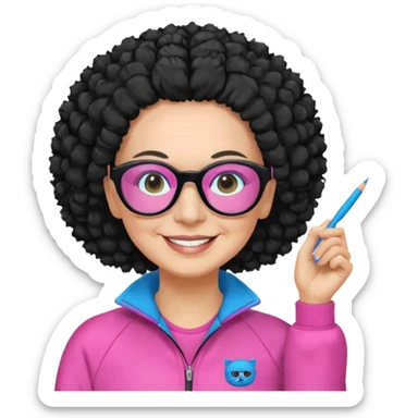 FEMME FRISÉ 60 ANS CHEVEUX NOIR FRISÉ LONG SOURIANTE AVEC CHANDAIL ROSE,   YEUX BLEU ET UN PINCEAU À LA MAIN LA MAIN AVEC 5 DOIGT SEULEMENT ET LUNETTE sticker