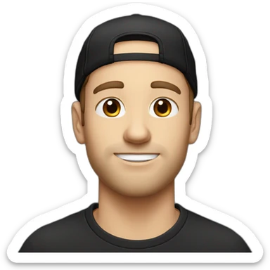 a blue-eyed white guy with dark hair in a black backward cap and in oversized t-shirt sticker