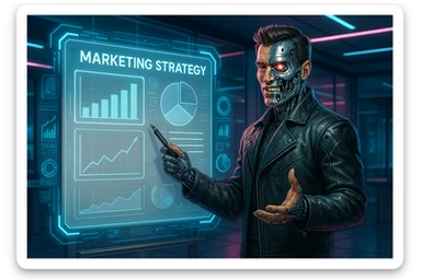 A half-human, half-Terminator character enthusiastically presenting a marketing strategy on a whiteboard, with futuristic tech elements sticker