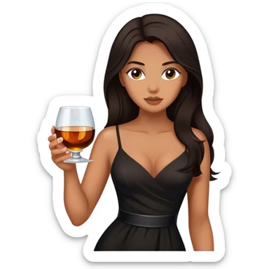 Beautiful woman in 1950’s woman fashion look, black dress, long dark brown hair, whisky with ice sticker