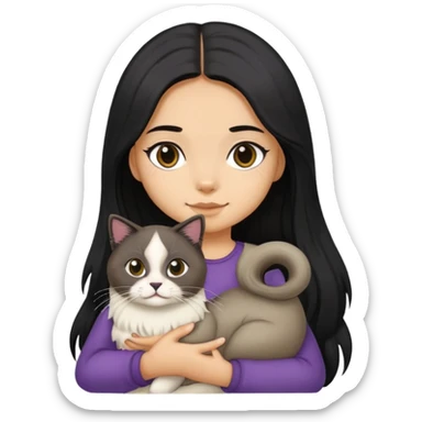 A girl with long black hair holding a seal-colored ragdoll cat sticker