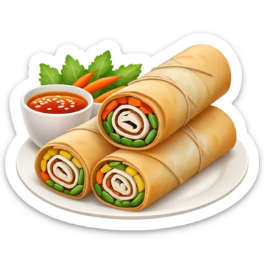 Fujian popiah spring roll with vegetables, simplified emoji style with bold outlines and bright colors, cartoon style thin Chinese wrapped roll sticker