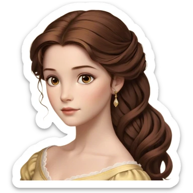 Cinematic Realistic Belle Portrait, depicted with lifelike skin texture, soft natural lighting, and intricately detailed brown hair styled elegantly. Her deep, expressive eyes exude warmth and intelligence, complemented by a serene and graceful expression. She is dressed in her classic attire, with rich fabric textures and delicate folds that catch the light beautifully. The portrait features a soft, enchanting glow with a natural, radiant finish, capturing the essence of timeless beauty in a realistic and painterly style, evoking a sense of depth and authenticity. sticker