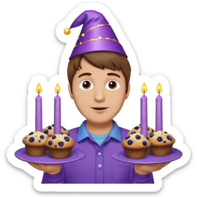 Man with brown hair wearing purple shirt and a party hat holding several blueberry muffins either candles in them  sticker
