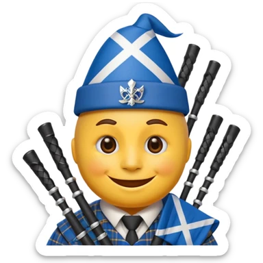 Create a smiling emoji based on "party face with party hat" emoji. Use a blue and white colors from the Scottish Saltire. Include bagpipes next to the emoji, incorporating tartan Blending scottish details blending into the design. sticker