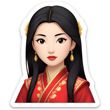 Cinematic Majestic Mulan Portrait Emoji, rendered in a clean, vector-style with bold, simplified shapes. Depict Mulan with a serene, noble expression, warm light skin, and neatly styled black hair, dressed in traditional attire featuring subtle red motifs and gold trim. The image glows with a calm, majestic aura, high shine, and a soft glowing outline, embodying classic elegance. sticker