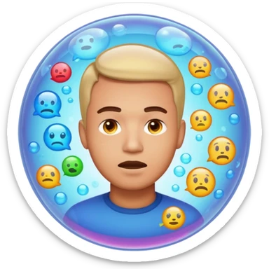 Realistic emoji-style man trapped inside a glowing filter bubble. The bubble contains identical social media icons and repeating content symbols. Outside the bubble are colorful diverse icons he cannot see. The man looks comfortable but unaware, expressing narrow perspective. sticker