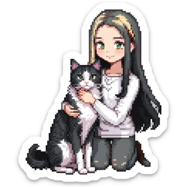 Beautiful girl with long black hair petting a gray and blonde mixed cat sticker