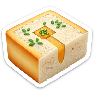a savory rectangular sticky rice cake with a slice cut out sticker