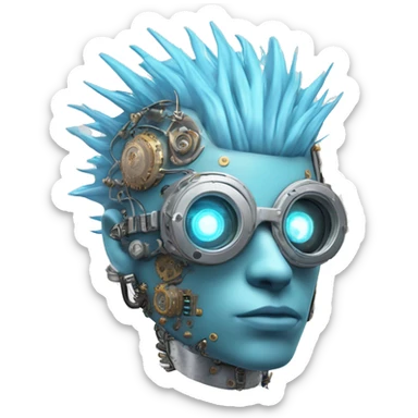 Pastel blue Mohawk cyborg head with silver steampunk goggles and circuits sticker