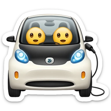 Cute electric vehicle with big circular eyes, EV charger to the right, emoji style sticker