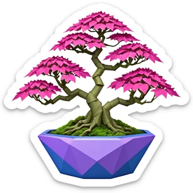 Futuristic wild alien moss maples Bonsai hair-fine-leaf group crimson crystal azalea purple and cream pink blue forest planting in shallow origami style pot  sticker