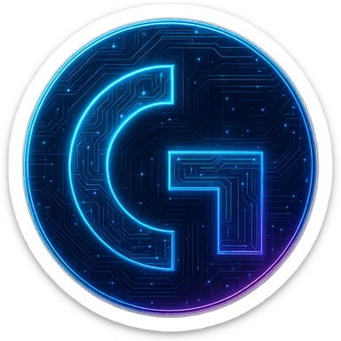 Transform the G Hub logo into a cyberpunk, holographic style with glowing neon blue and pink edges, circuit patterns throughout the entire icon, and a transparent background. Maintain the recognizable G Hub shape and circular form, overlaying neon and circuit effects in the same futuristic, clean style as previous cyberpunk icons. The whole icon should have a consistent cyberpunk glow and intricate circuit details in a futuristic, clean style. sticker