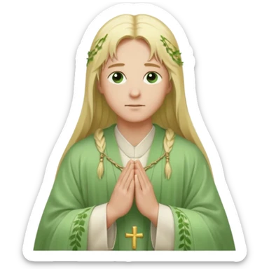 a young bishop, green eyes, long blonde hair, light green wide, flowing outer robe. hands clasped together, gazing thoughtfully. Soft light, subtle fern. Waist-up, profile. sticker