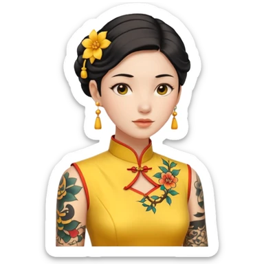 ancient woman with tatooed on neck and yellow cheongsam sticker