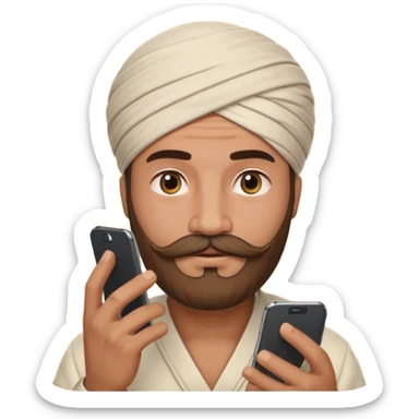 A man wearing imama sharif (traditional turban), with a beard and moustache, using a smartphone. The man looks focused while using the mobile. Realistic emoji-style illustration with soft lighting and warm tone sticker