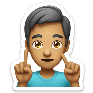 focused facial expression with two fingers pointing on both sides of the head near the temple sticker
