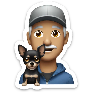 man with blue eyes gray hair gray goatee in ball cap holding black longhair chihuahua  sticker