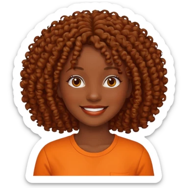 dark skinned woman with curly brown hair and orange shirt sticker