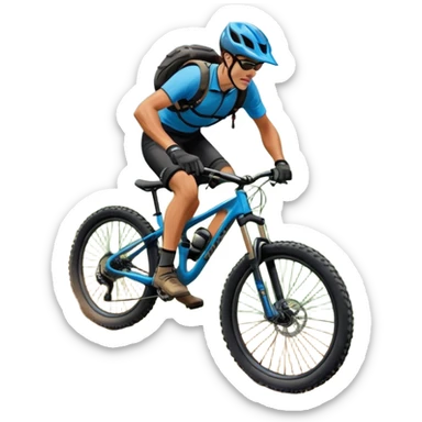An icon featuring a mountain bike with thick tires on a rugged trail. A cyclist in a helmet rides downhill, kicking up dust. The background showcases a breathtaking mountain landscape with green slopes, rocky peaks, and a bright blue sky. Transparent background emphasizes adventure and speed sticker