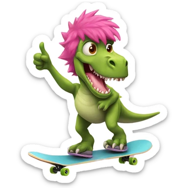 Dinosaur with pink hair, riding a skateboard holding a thumb thumbs up sticker