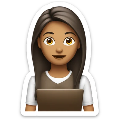 mujer pelo largo con reflejos marrones con una computadora sticker