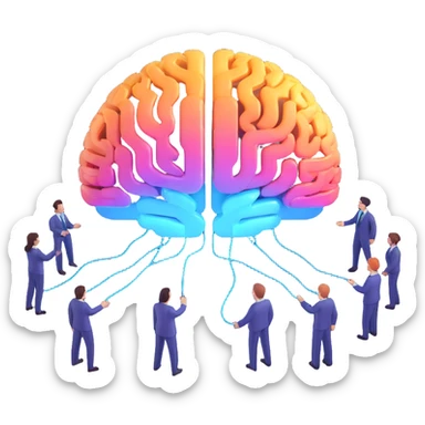 a group of diverse employees with a glowing AI brain above them, beams of light connecting to each, symbolizing real-time insights, learning, and unbiased support for decision-making sticker