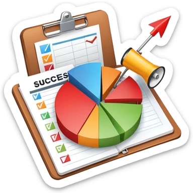 An icon featuring a pie chart, a clipboard with a checklist, and a megaphone, symbolizing management and marketing. The design includes upward-trending graphs and a target with an arrow, representing strategy and success. Transparent background highlights business organization and promotion. sticker