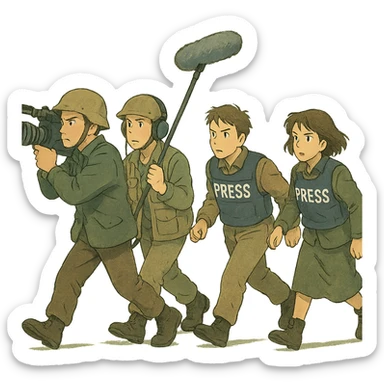 a flim crew, walking from left to right across frame: a cameraman, and a microphone operator, two people, war correspondents, tense moment sticker