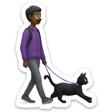 Black cat with a purple leash going for a walk with a human sticker
