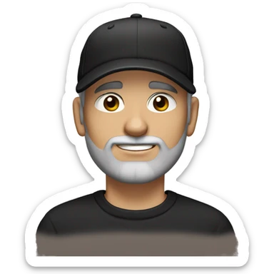 An adult white skin portrait of male with stubble and a slightly gray beard, brown hair, black eyes, wearing a black Reebok cap with a round emblem on his head, and a black sweater. sticker