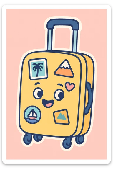 yellow rolling suitcase with travel stickers, bold clear outlines, flat pastel colors, graphic shadows and highlights, white sticker border, cute hand-drawn style sticker